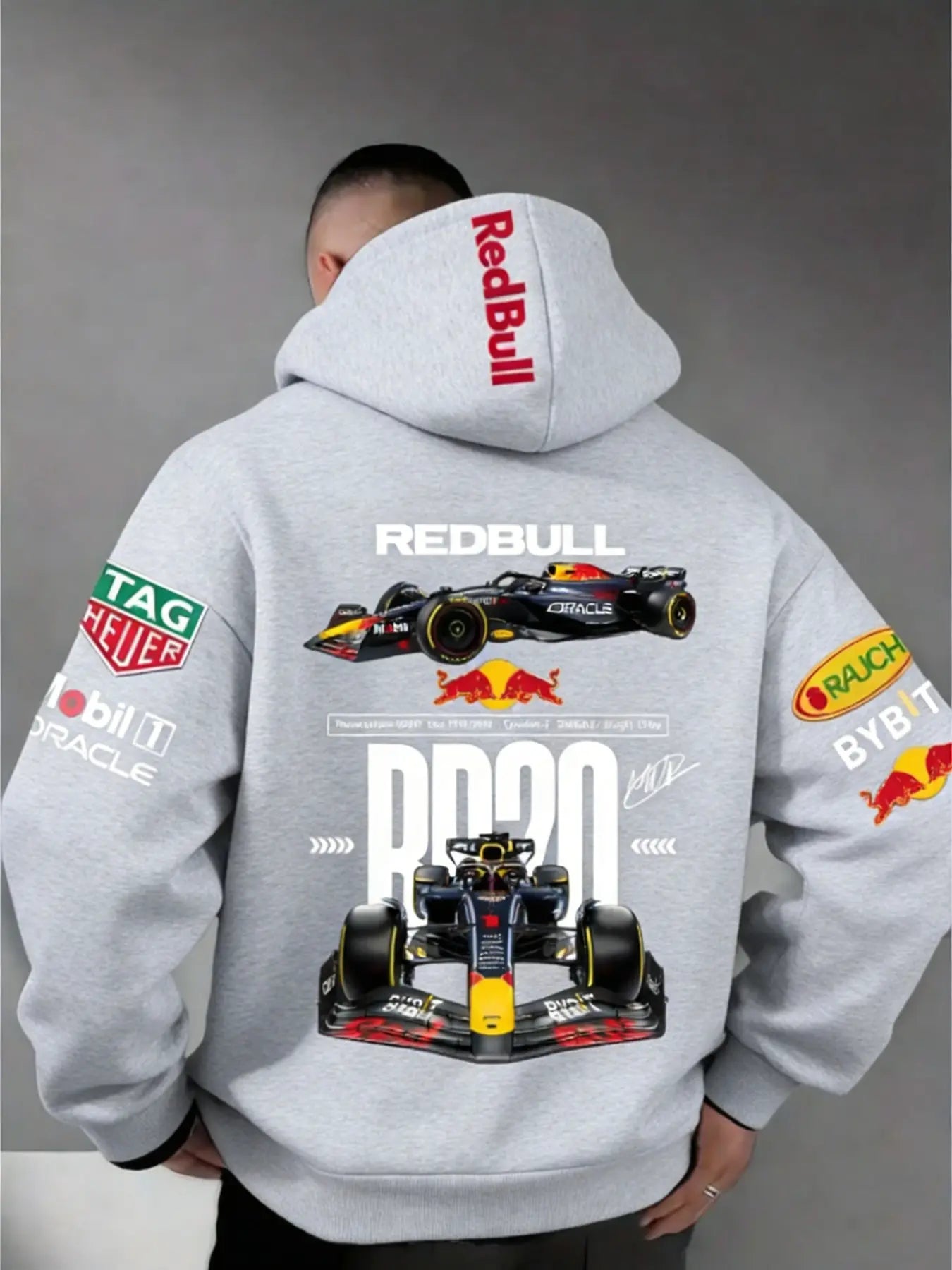 Men'S Hooded Sweatshirt F1 Racing Team Collaboration Print Design, Cotton Fleece Material, Loose Fit Mid-Length, and ' Bull Rb20' Racing Theme