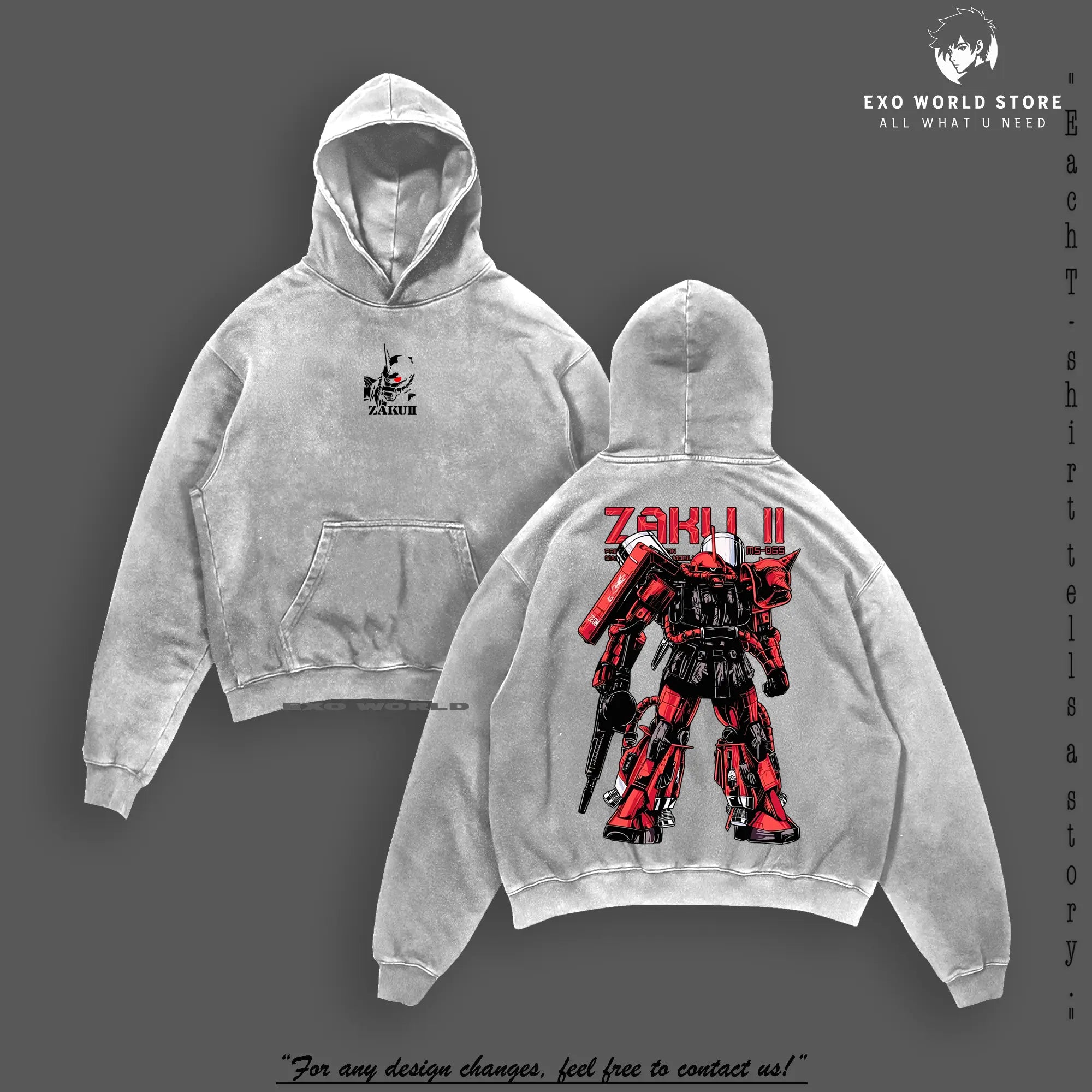 Gundam Mobile Suit V2 Zaku II MS-065 - Gundam Anime Double Side T-Shirt, Unisex Mineral Anime Manga Washed Heavy Cotton T-Shirt, Gift for Anime Fan, Anime Lover