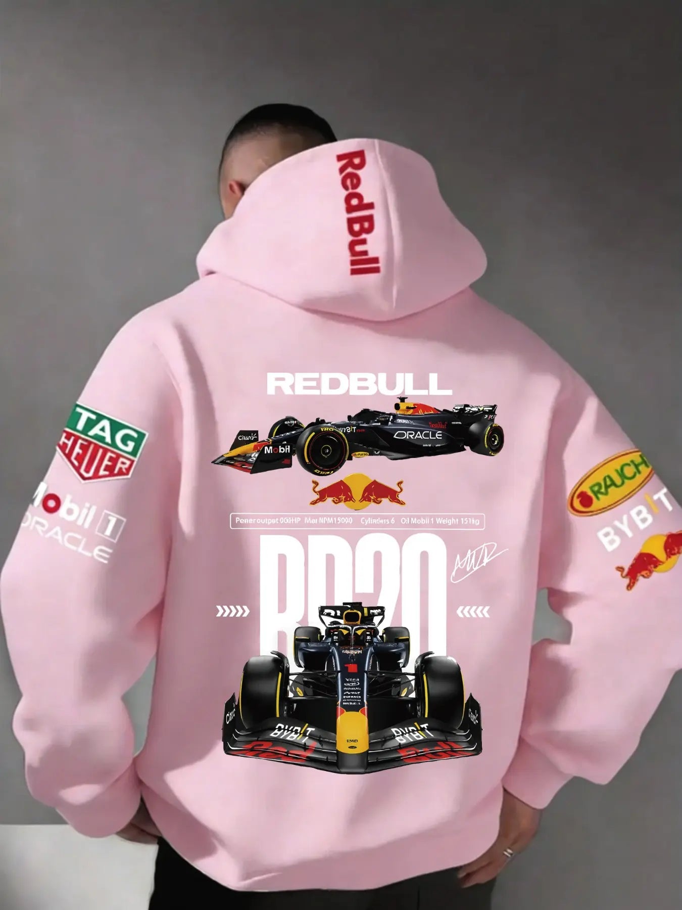 Men'S Hooded Sweatshirt F1 Racing Team Collaboration Print Design, Cotton Fleece Material, Loose Fit Mid-Length, and ' Bull Rb20' Racing Theme