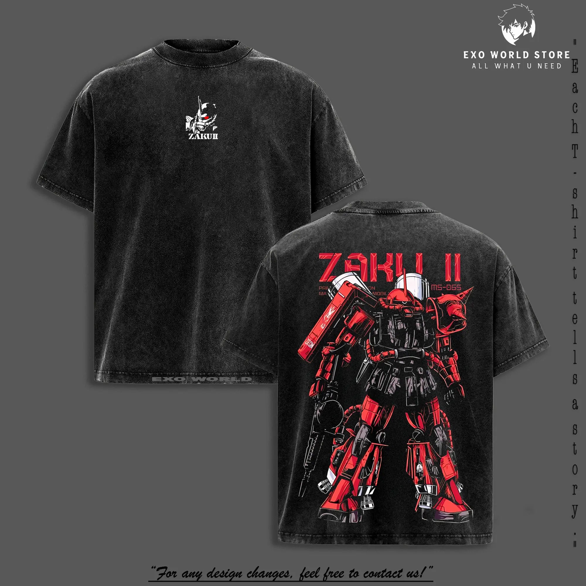 Gundam Mobile Suit V2 Zaku II MS-065 - Gundam Anime Double Side T-Shirt, Unisex Mineral Anime Manga Washed Heavy Cotton T-Shirt, Gift for Anime Fan, Anime Lover