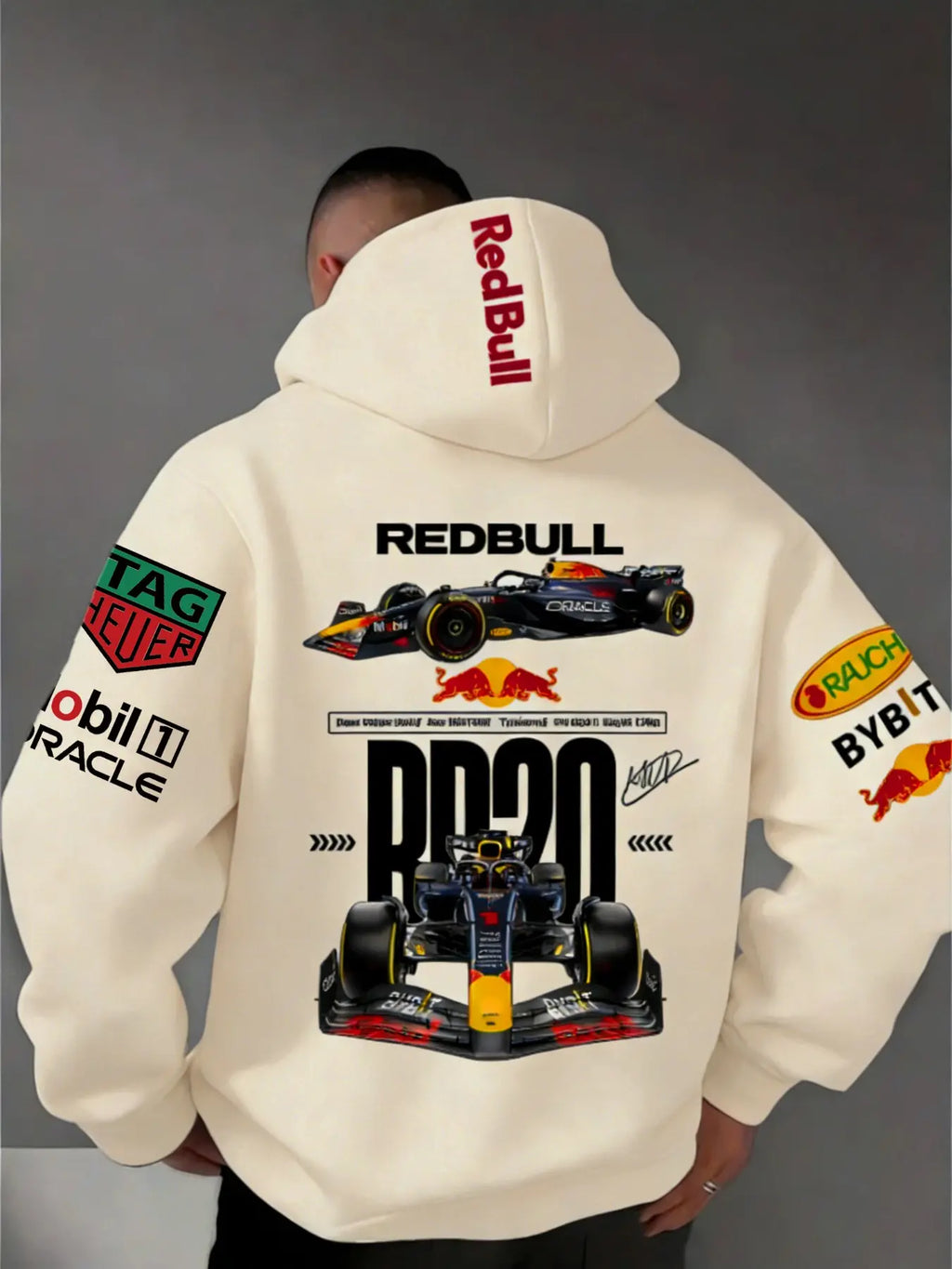 Men'S Hooded Sweatshirt F1 Racing Team Collaboration Print Design, Cotton Fleece Material, Loose Fit Mid-Length, and ' Bull Rb20' Racing Theme