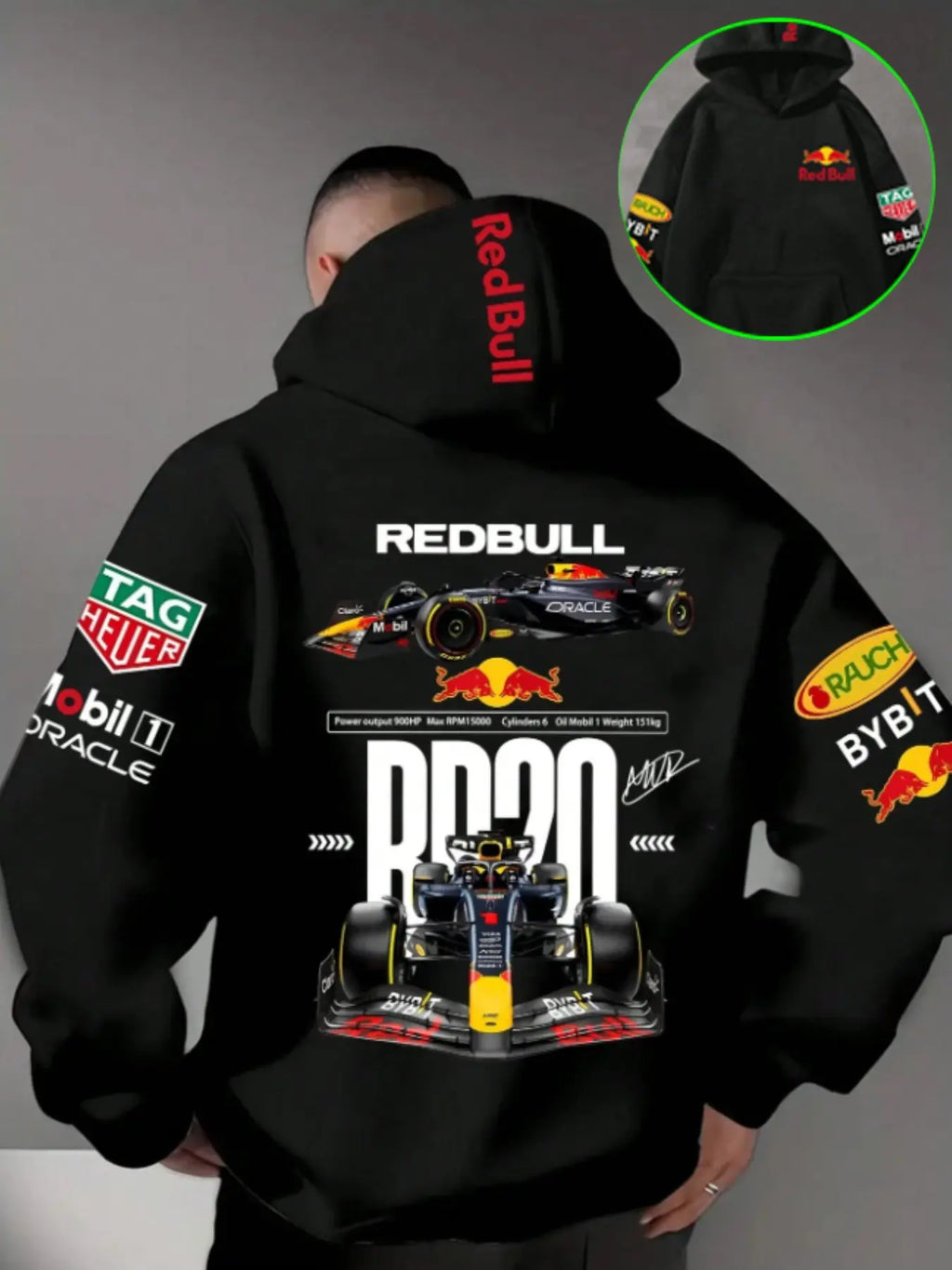 Men'S Hooded Sweatshirt F1 Racing Team Collaboration Print Design, Cotton Fleece Material, Loose Fit Mid-Length, and ' Bull Rb20' Racing Theme