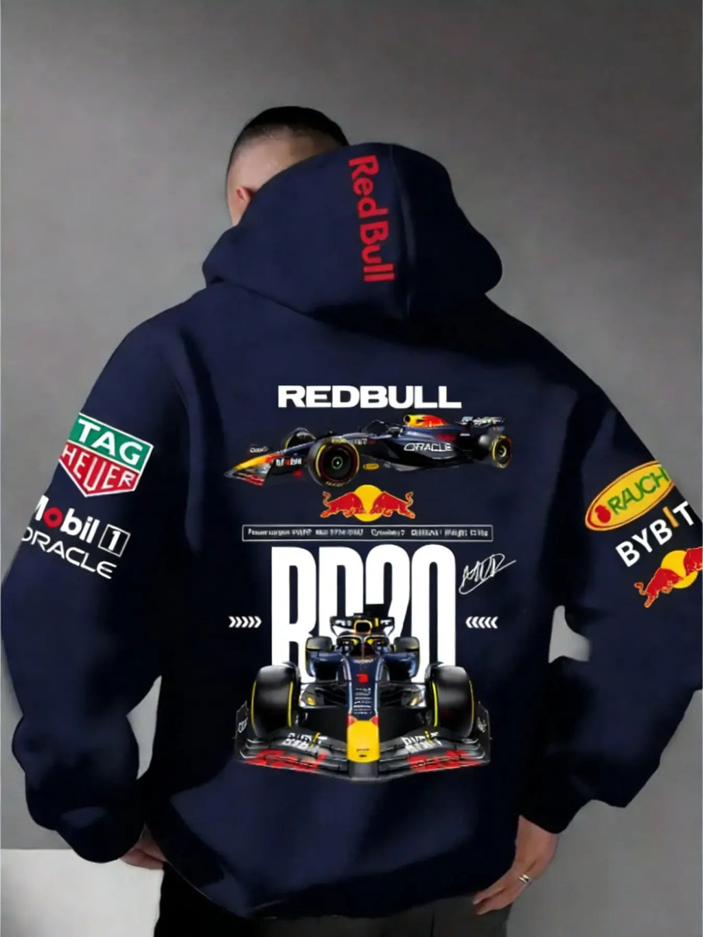 Men'S Hooded Sweatshirt F1 Racing Team Collaboration Print Design, Cotton Fleece Material, Loose Fit Mid-Length, and ' Bull Rb20' Racing Theme