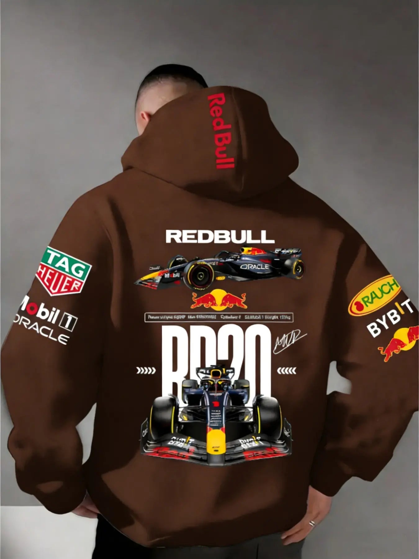 Men'S Hooded Sweatshirt F1 Racing Team Collaboration Print Design, Cotton Fleece Material, Loose Fit Mid-Length, and ' Bull Rb20' Racing Theme