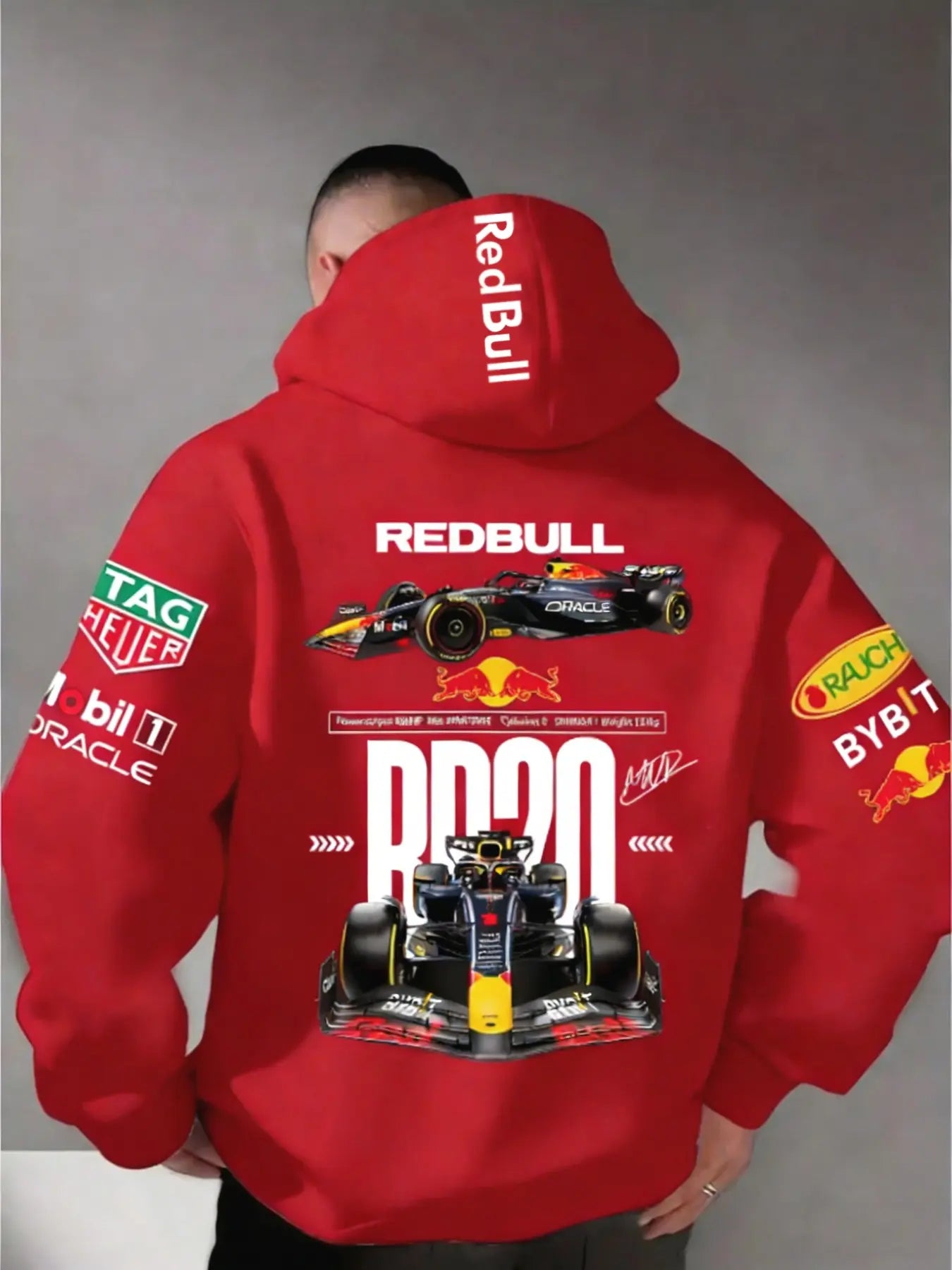 Men'S Hooded Sweatshirt F1 Racing Team Collaboration Print Design, Cotton Fleece Material, Loose Fit Mid-Length, and ' Bull Rb20' Racing Theme