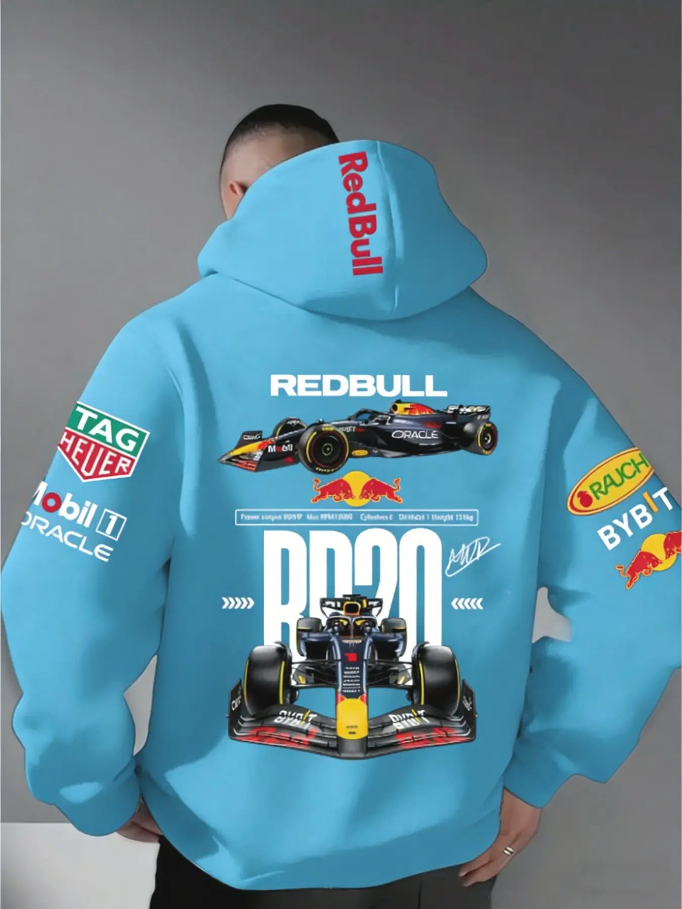 Men'S Hooded Sweatshirt F1 Racing Team Collaboration Print Design, Cotton Fleece Material, Loose Fit Mid-Length, and ' Bull Rb20' Racing Theme