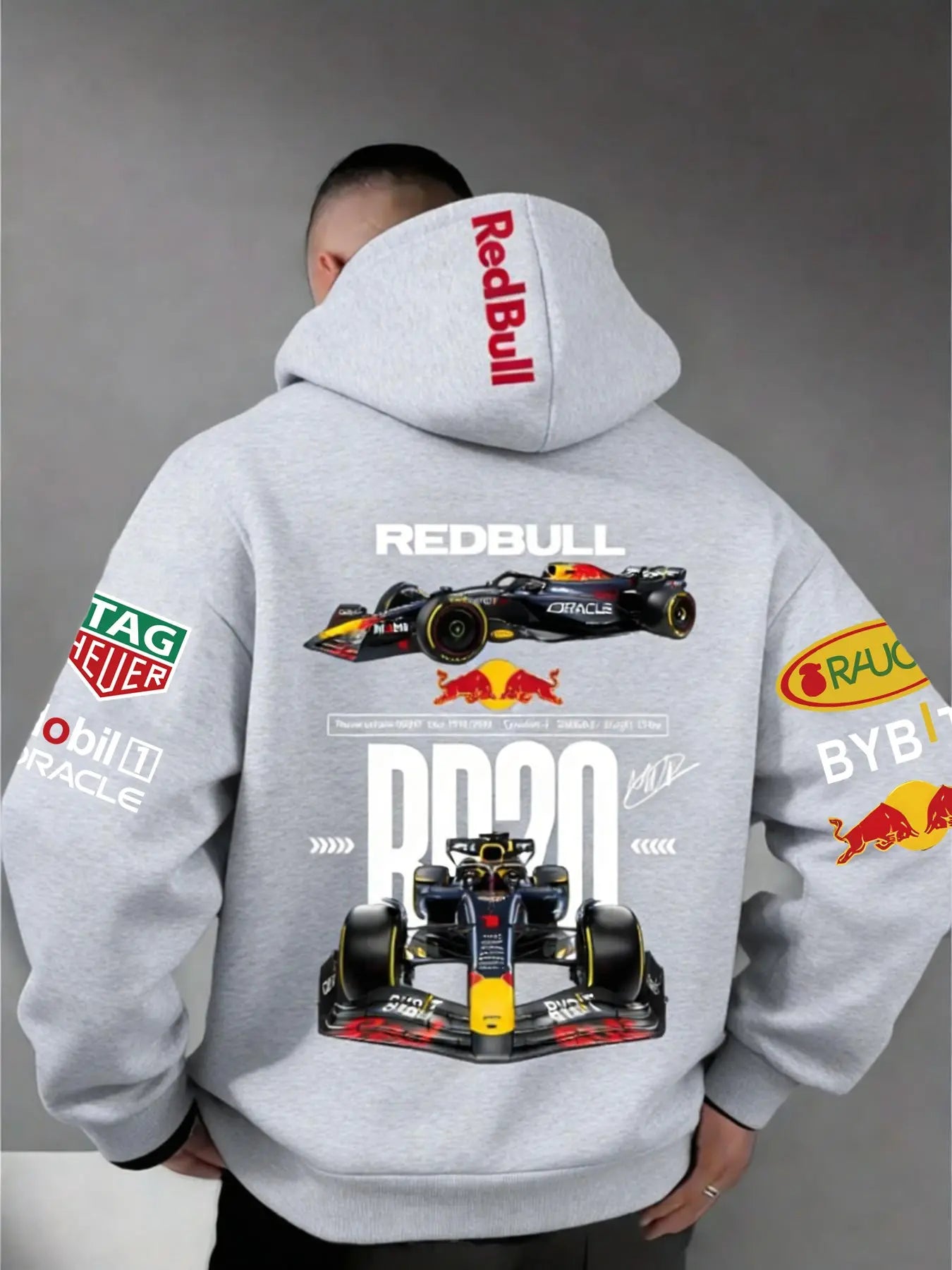 Men'S Hooded Sweatshirt F1 Racing Team Collaboration Print Design, Cotton Fleece Material, Loose Fit Mid-Length, and ' Bull Rb20' Racing Theme