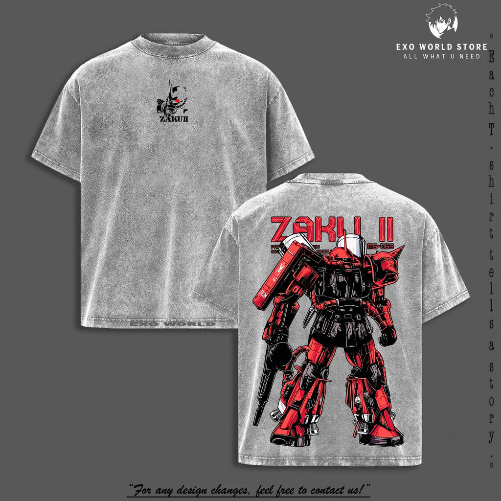 Gundam Mobile Suit V2 Zaku II MS-065 - Gundam Anime Double Side T-Shirt, Unisex Mineral Anime Manga Washed Heavy Cotton T-Shirt, Gift for Anime Fan, Anime Lover