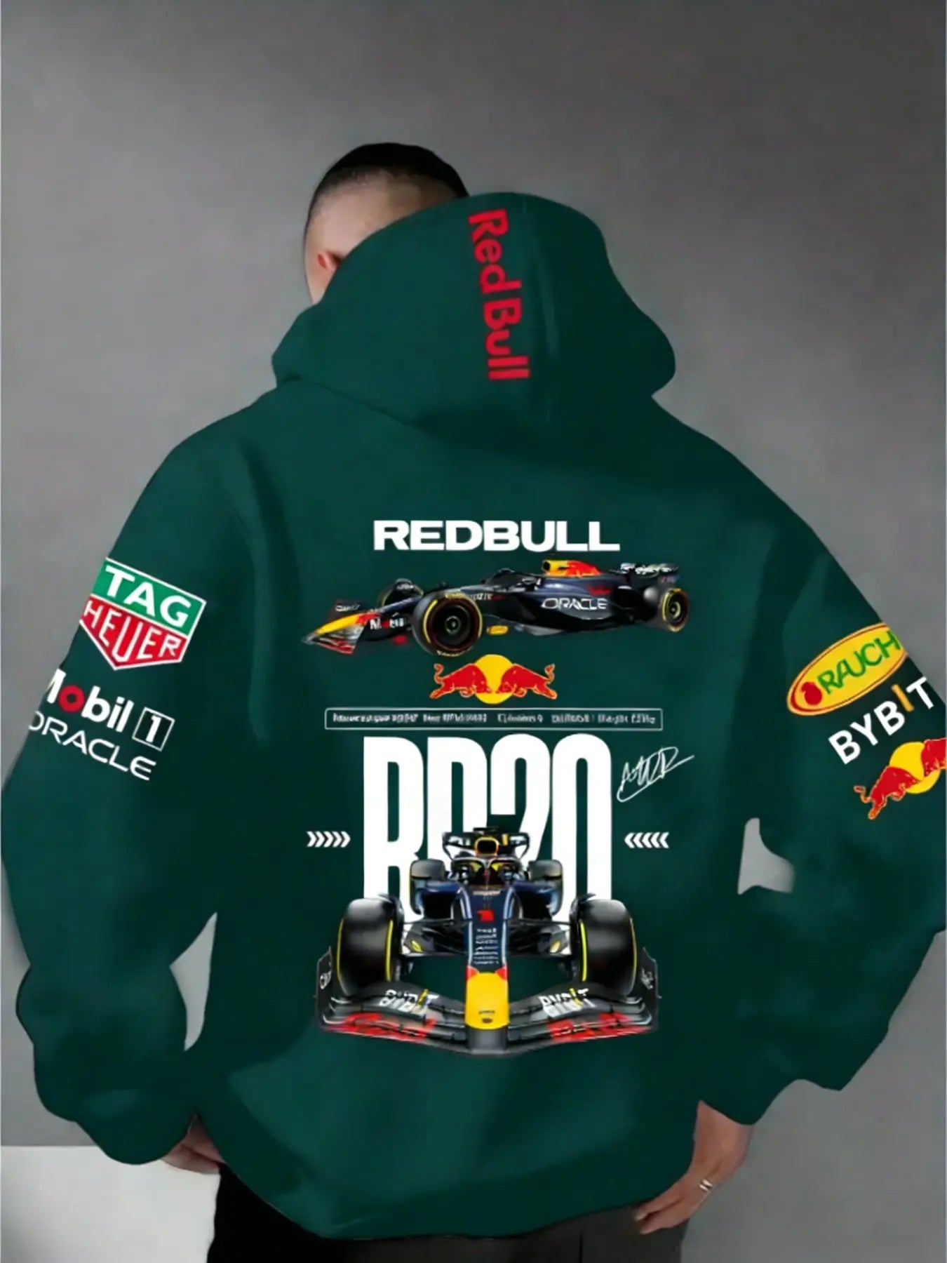 Men'S Hooded Sweatshirt F1 Racing Team Collaboration Print Design, Cotton Fleece Material, Loose Fit Mid-Length, and ' Bull Rb20' Racing Theme