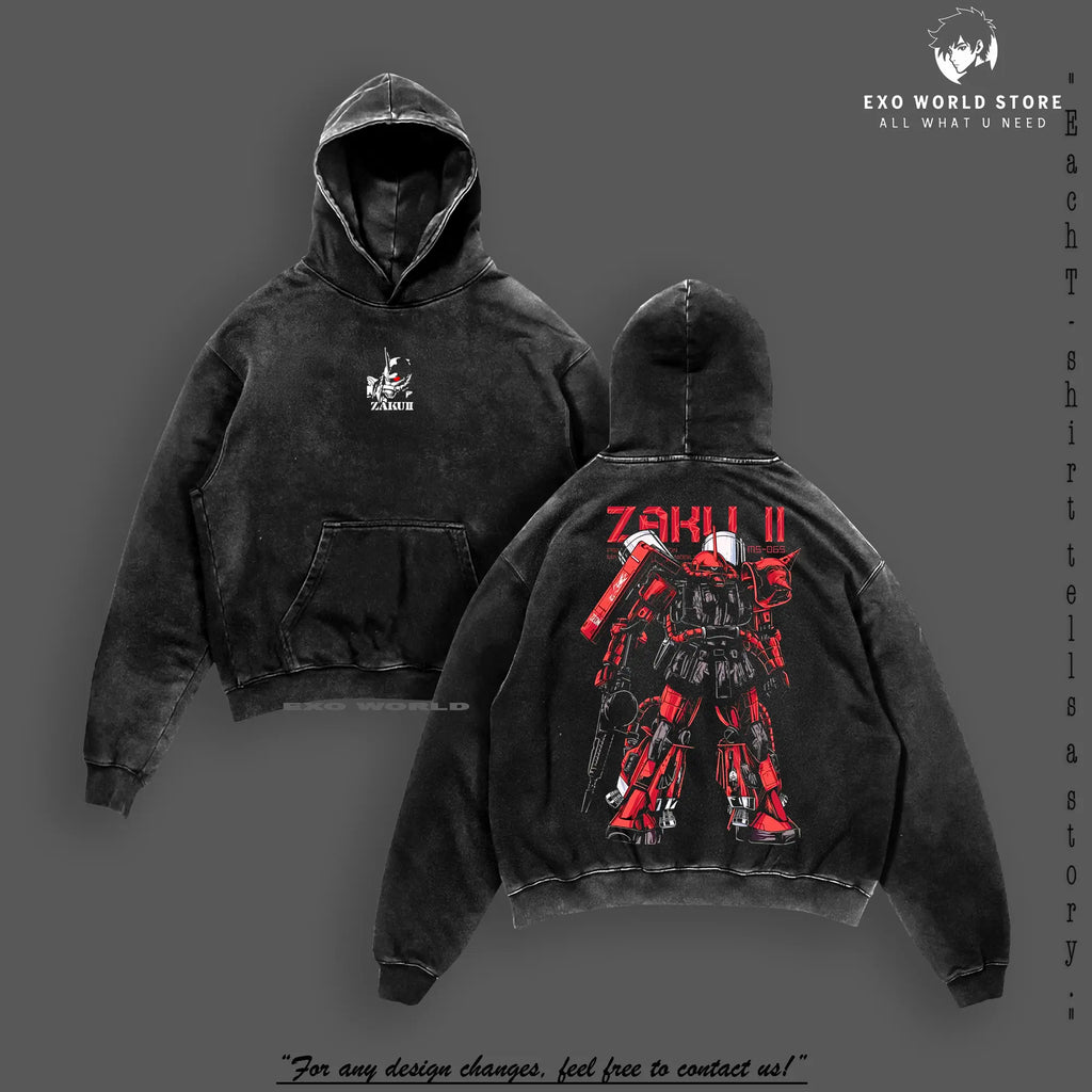 Gundam Mobile Suit V2 Zaku II MS-065 - Gundam Anime Double Side T-Shirt, Unisex Mineral Anime Manga Washed Heavy Cotton T-Shirt, Gift for Anime Fan, Anime Lover