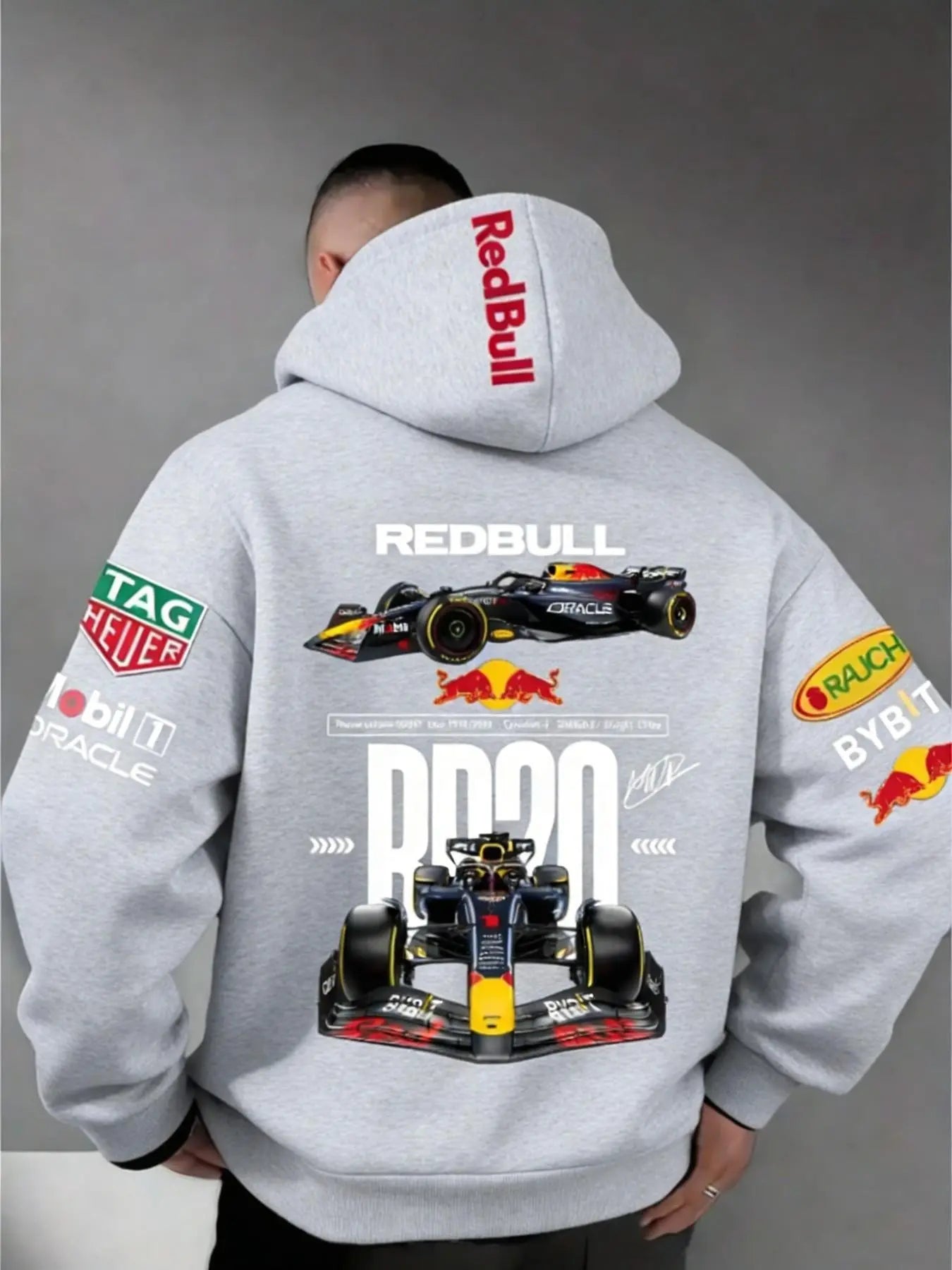 Men'S Hooded Sweatshirt F1 Racing Team Collaboration Print Design, Cotton Fleece Material, Loose Fit Mid-Length, and ' Bull Rb20' Racing Theme