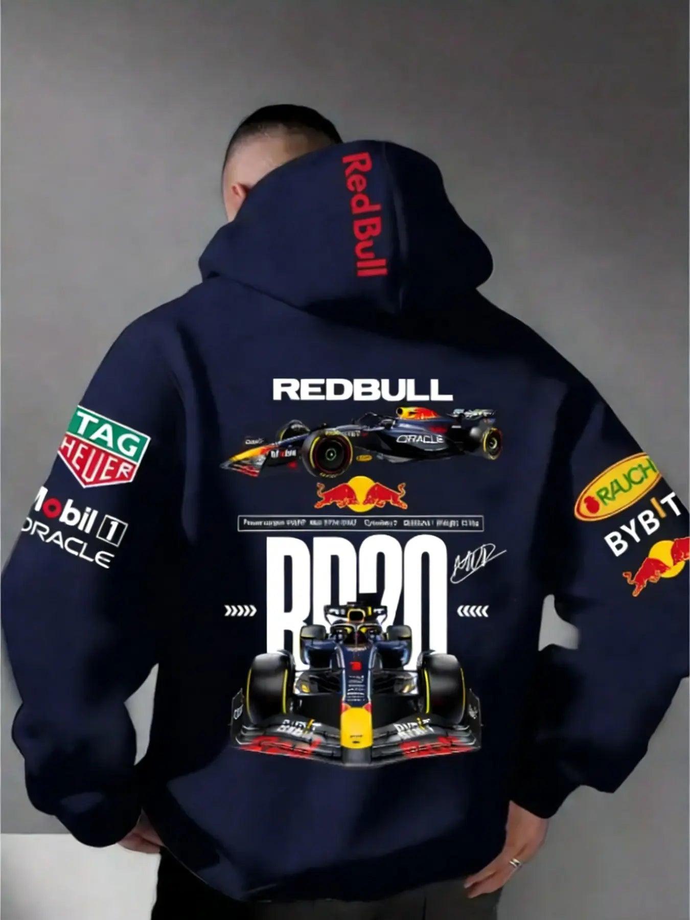 Men'S Hooded Sweatshirt F1 Racing Team Collaboration Print Design, Cotton Fleece Material, Loose Fit Mid-Length, and ' Bull Rb20' Racing Theme