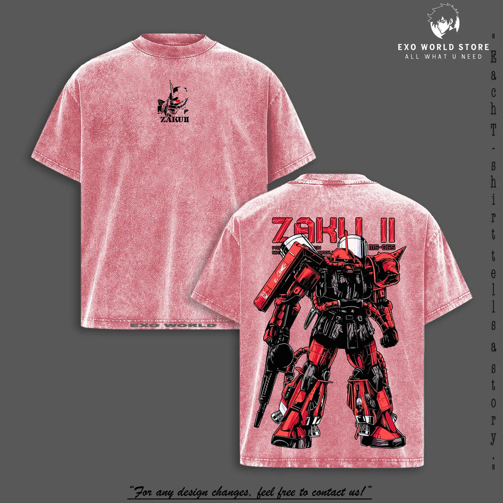 Gundam Mobile Suit V2 Zaku II MS-065 - Gundam Anime Double Side T-Shirt, Unisex Mineral Anime Manga Washed Heavy Cotton T-Shirt, Gift for Anime Fan, Anime Lover